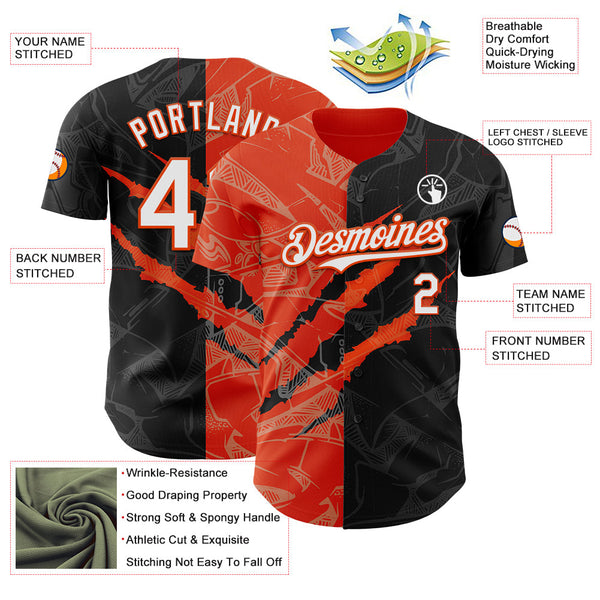 Maxcorners Custom Graffiti Pattern White Black-Orange 3D Scratch Premium Baseball Jersey LM0210