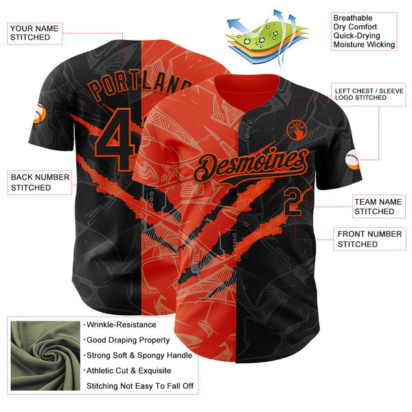 Maxcorners Custom Graffiti Pattern Black-Orange 3D Scratch Premium Baseball Jersey LM0210