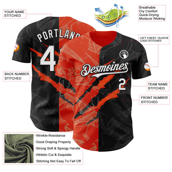 Maxcorners Custom Graffiti Pattern White Black-Orange 3D Scratch Premium Baseball Jerseys LM0210