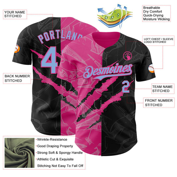 Maxcorners Custom Graffiti Pattern Light Blue Black-Pink 3D Scratch Premium Baseball Jersey LM0210