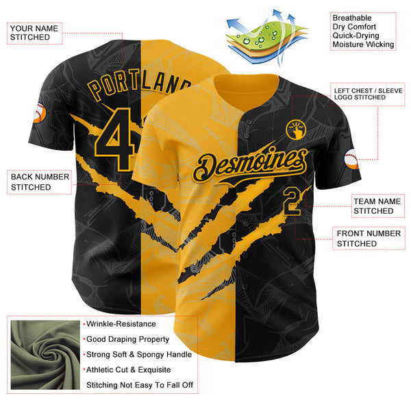 Maxcorners Custom Graffiti Pattern Black-Gold 3D Scratch Premium Baseball Jersey LM0210