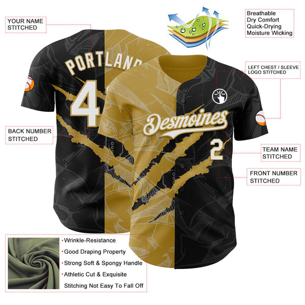 Maxcorners Custom Graffiti Pattern White Black-Old Gold 3D Scratch Premium Baseball Jersey LM0210