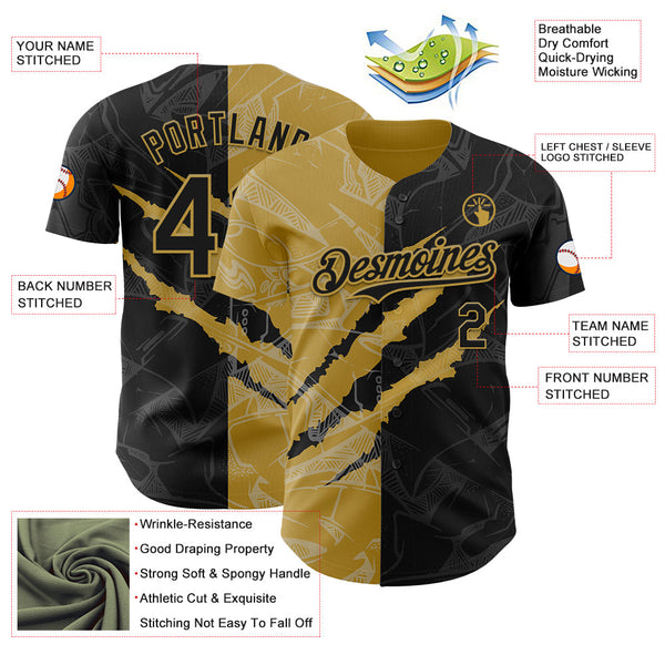 Maxcorners Custom Graffiti Pattern Black-Old Gold 3D Scratch Premium Baseball Jersey LM0210