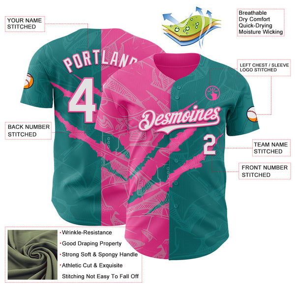 Maxcorners Custom Graffiti Pattern White Teal-Pink 3D Scratch Premium Baseball Jerseys LM0210