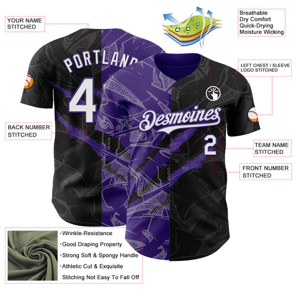 Maxcorners Custom Graffiti Pattern White Black-Purple 3D Scratch Premium Baseball Jersey LM0210