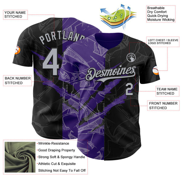 Maxcorners Custom Graffiti Pattern Gray Black-Purple 3D Scratch Premium Baseball Jersey LM0210