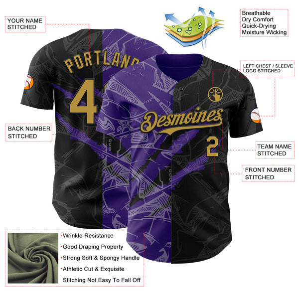 Maxcorners Custom Graffiti Pattern Old Gold Black-Purple 3D Scratch Premium Baseball Jersey LM0210