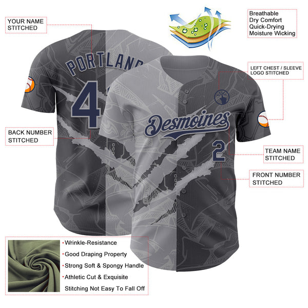 Maxcorners Custom Graffiti Pattern Navy Steel Gray-Gray 3D Scratch Premium Baseball Jersey LM0210