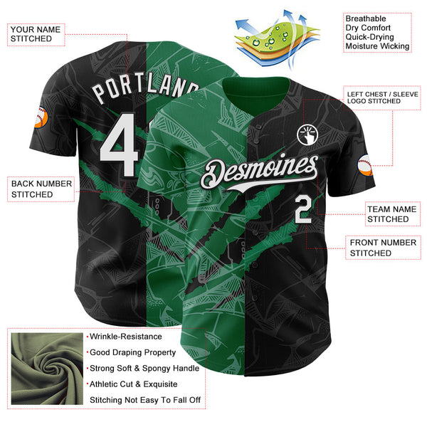 Maxcorners Custom Graffiti Pattern White Black-Kelly Green 3D Scratch Premium Baseball Jerseys LM0210