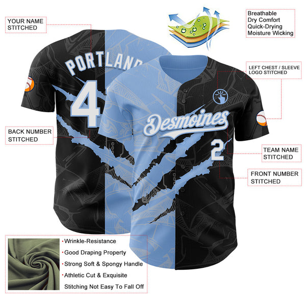 Maxcorners Custom Graffiti Pattern White Black-Light Blue 3D Scratch Premium Baseball Jersey LM0210