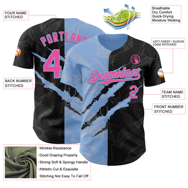 Maxcorners Custom Graffiti Pattern Pink Black-Light Blue 3D Scratch Premium Baseball Jerseys LM0210