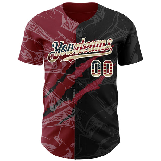 Maxcorners Custom Graffiti Pattern Vintage USA Flag Navy Crimson-Cream 3D Scratch Premium Baseball Jersey LM0210
