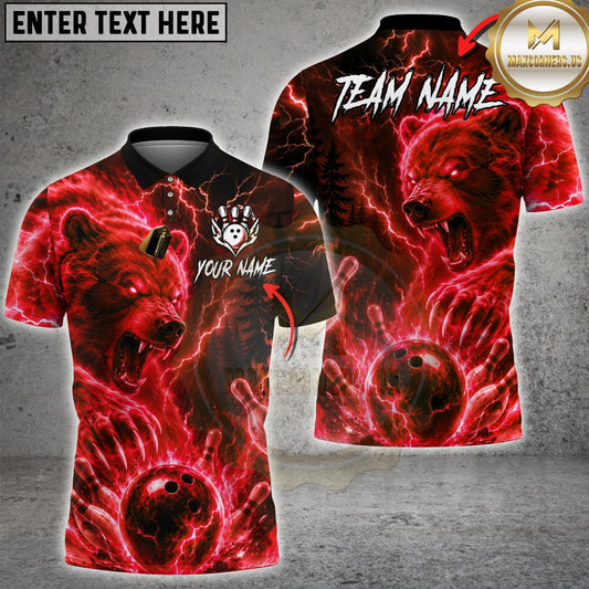 Maxcorners Bowling Thunder Bear Bowling Ball Pins Lightning Design Multicolor Customized Name Team Name 3D Shirts