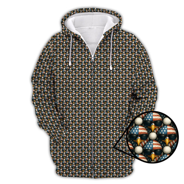 Maxcorners American Flag Eagle And Golf Ball Pattern Golf Polos, USA Golf Shirt, Crazy Golf Shirt For Men