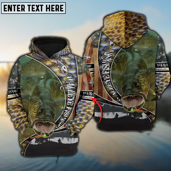 Maxcorners Personalized Walleye Fishing American Skull 3D Hoodie