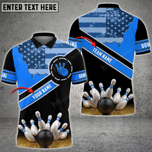 Maxcorners Bowling Ball And Pins Retro USA Flag Pattern Multicolor Option Customized Name 3D Shirt (4 Colors)