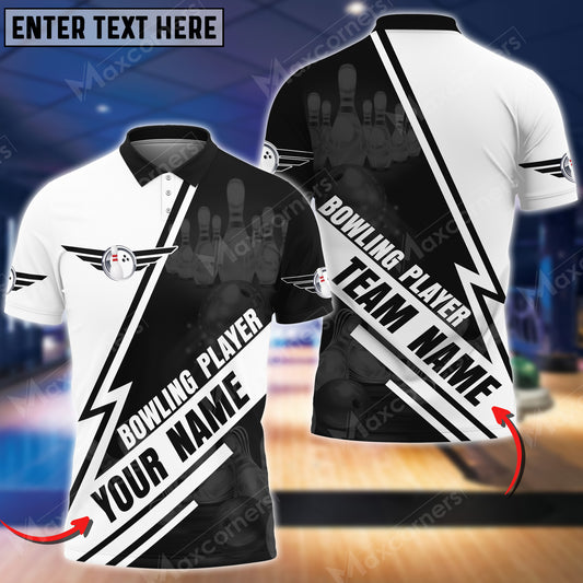 Maxcorners Bowling Ball And Pins Basic Thunder Pattern Multicolor Option Customized Name 3D Shirt (4 Colors)