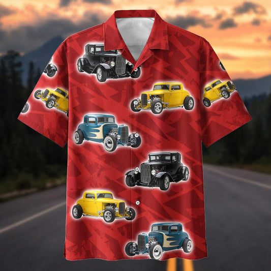 Maxcorners Personalized Vintage Hot Rod Cars Red Geometric Hawaiian Shirt