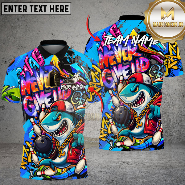 Maxcorners Bowling Shirt Hip Hop Shark Never Give Up Multioptions Personalized Name, Team Name Unisex 3D Shirt (4 Colors)