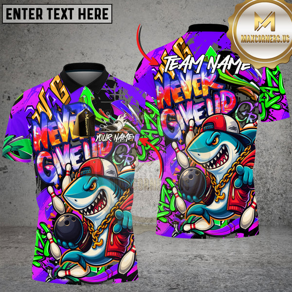 Maxcorners Bowling Shirt Hip Hop Shark Never Give Up Multioptions Personalized Name, Team Name Unisex 3D Shirt (4 Colors)