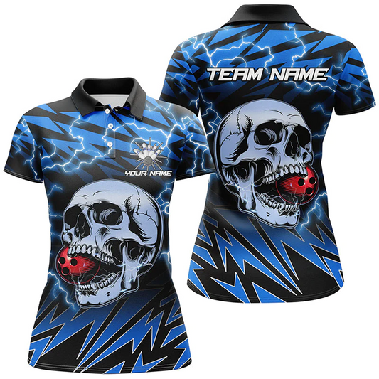 Maxcorners Bowling And Pins Lightning Thunder Skull Bowling Customized Name 3D Shirt For Women