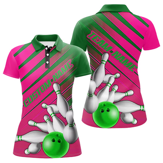 Maxcorners Bowling And Pins Strike Multicolor Option Customized Name 3D Shirt For Women