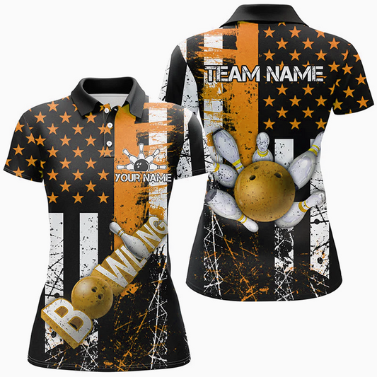 Maxcorners Bowling Ball & Pins Retro American Flag Multicolor Option Customized Name 3D Shirt For Women