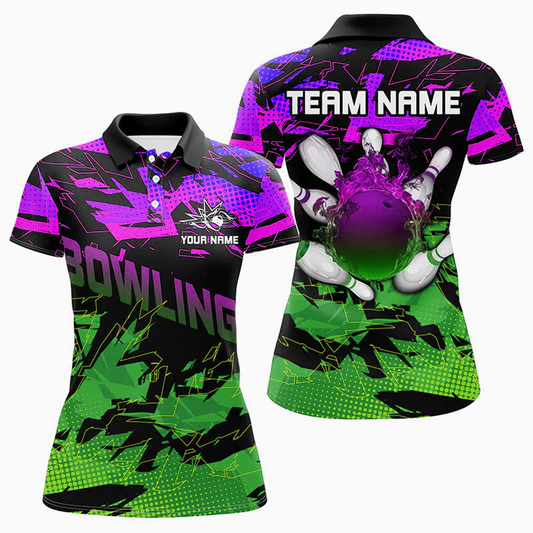 Maxcorners Bowling Ball & Pins Multicolor Option Customized Name 3D Shirt For Women