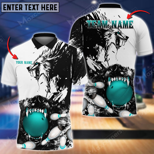 Maxcorners Bowling Ball & Pins Wolf Multicolor Option Customized Name, Team Name 3D Polo Shirt (4 Colors)