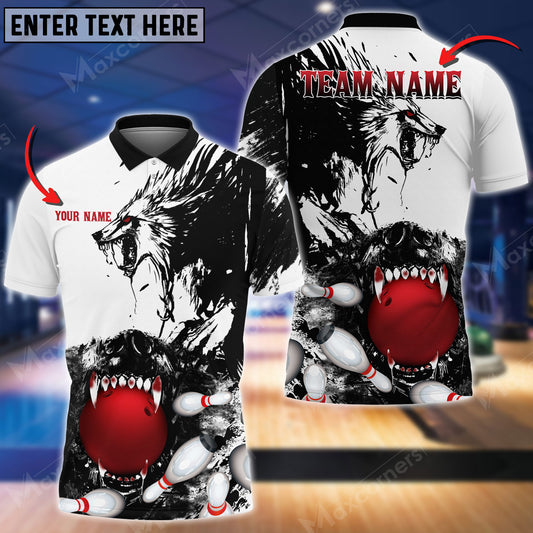 Maxcorners Bowling Ball & Pins Wolf Multicolor Option Customized Name, Team Name 3D Polo Shirt (4 Colors)