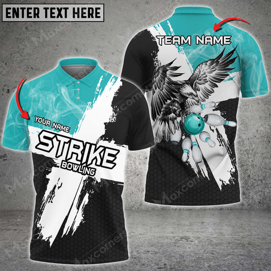 Maxcorners Bowling Ball & Pins Strike Eagle Multicolor Option Customized Name, Team Name 3D Polo Shirt (6 Colors)