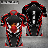 Maxcorners Red Bowling And Pins Flame Hexagon Pattern Premium Customized Name 3D Shirt