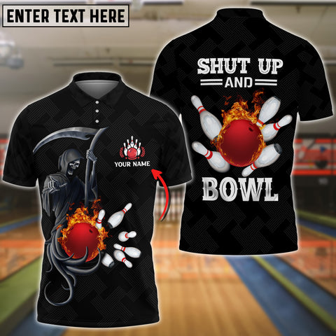 Maxcorners Bowling And Pins Flame Black Skull Pattern Premium Customized Name 3D Shirt