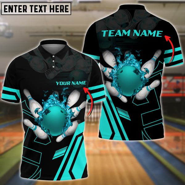 Maxcorners Cyan Bowling Ball Flame Personalized Name All Over Printed Shirt