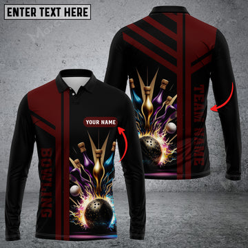 Maxcorners Bowling And Pins Premium Professional Multicolor Option Customized Name Long Sleeve 3D Shirt