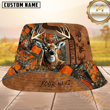 Maxcorners Deer Hunting Orange Camo and Brown Leather Personalized Name 3D Bucket Hat