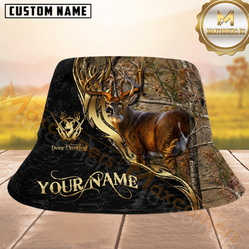 Maxcorners Deer Hunting Woodland Camo and Black Texture Gold Tribal Personalized Name 3D Bucket Hat