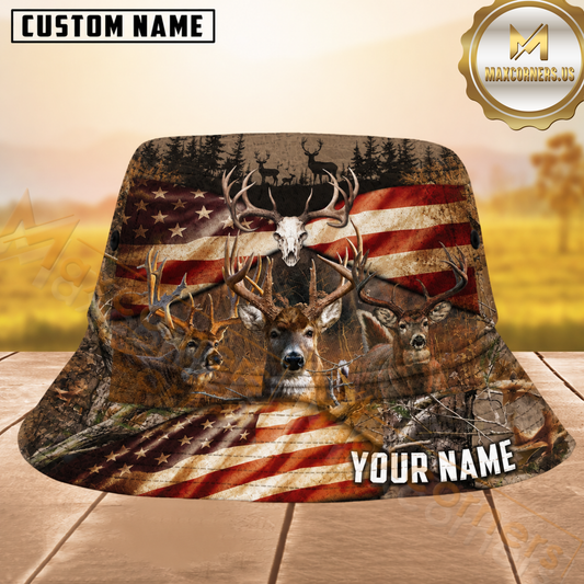 Maxcorners Deer Hunting Vintage US Flag Woodland Camo Personalized Name 3D Bucket Hat