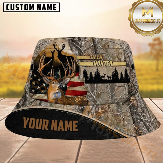 Maxcorners Deer Hunting US Flag Camo Personalized Name 3D Bucket Hat