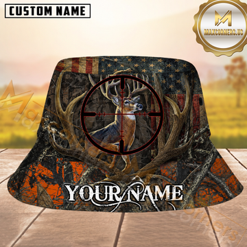 Maxcorners Deer Hunting American Flag Orange Camo Personalized Name 3D Bucket Hat