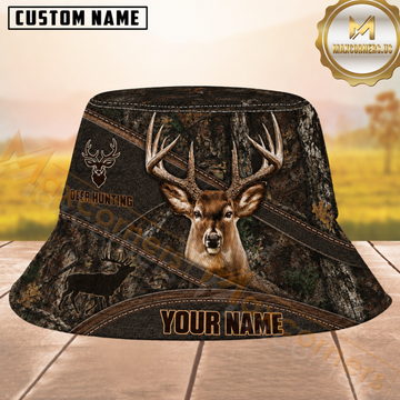 Maxcorners Buck Hunting Dark Bark Camo and Diagonal Stitched Leather Personalized Name 3D Bucket Hat