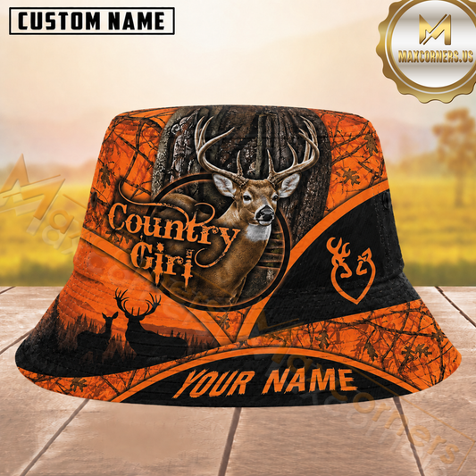 Maxcorners Country Girl Deer Buck Hunting Orange Blaze Camo Personalized Name 3D Bucket Hat