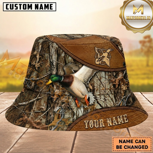 Maxcorners Duck Hunting Woodland Camo & Brown Leather Personalized Name 3D Bucket Hat (Copy)