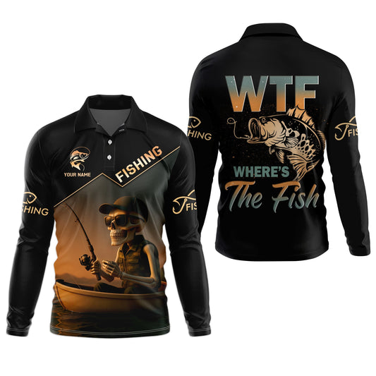 Maxcorners WTF Where's The Fish, Funny Skeleton Shirts, Fishing UV Shirts, Gag Gifts For Men, Mens Casual Shirt