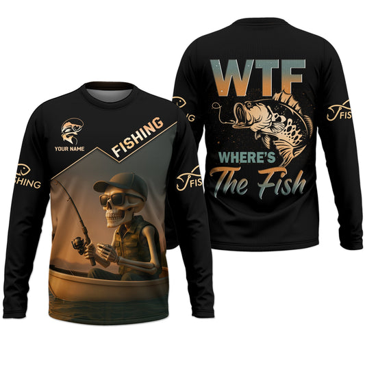 Maxcorners WTF Where's The Fish, Funny Skeleton Shirts, Fishing UV Shirts, Gag Gifts For Men, Mens Casual Shirt