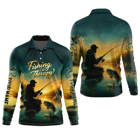 Maxcorners Fishing Is My Therapy, Long Sleeve Sun Shirt, SPF Shirts For Men, Gag Gifts For Men, Fishing Shirt
