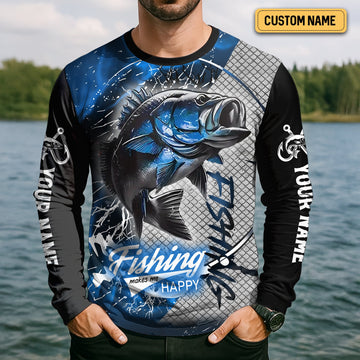 Maxcorners Fishing Makes Me Happy UV Shirts For Men, SPF Long Sleeve Shirts, Breathable Long Sleeve Shirt