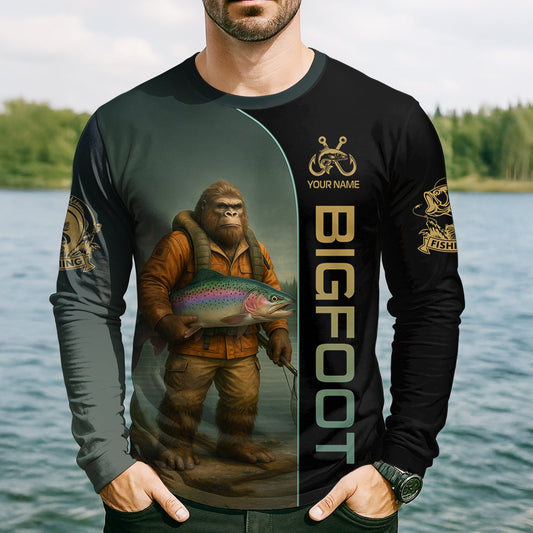 Maxcorners Fish Around & Find Trout Fishing Shirt, Bigfoot Fishing Shirt, SPF Shirts For Men, Funny Fishing Shirt
