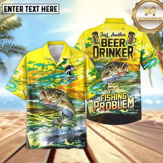 Maxcorners Bass Fishing Beer Drinker Yellow Sky Pattern Sport Jersey Personalized Name, Team Name Hawaiian Shirt