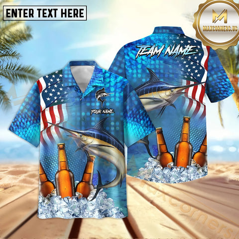Maxcorners Marlin Fishing USA Flag Blue Beer Pattern Sport Jersey Personalized Name, Team Name Hawaiian Shirt